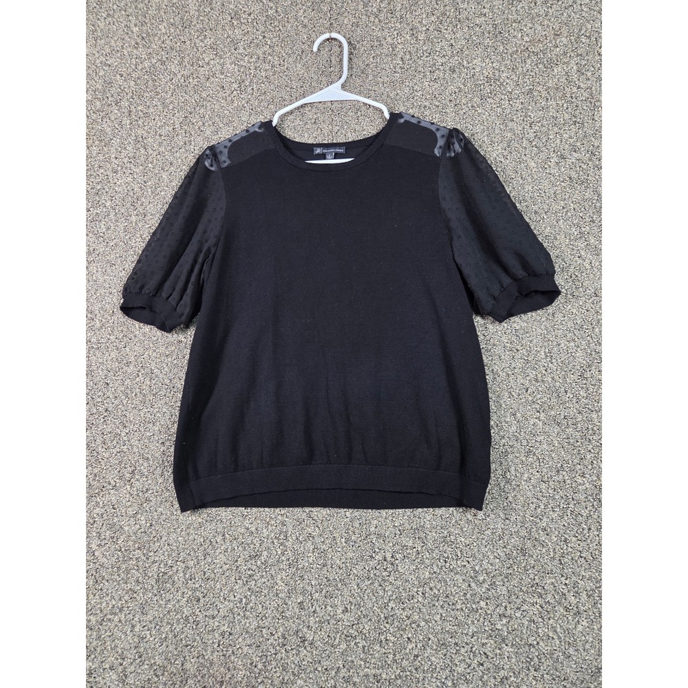 Adrianna Papell Knit Top Women Large Black Swiss Dot Sheer Puff Sleeve Sweater